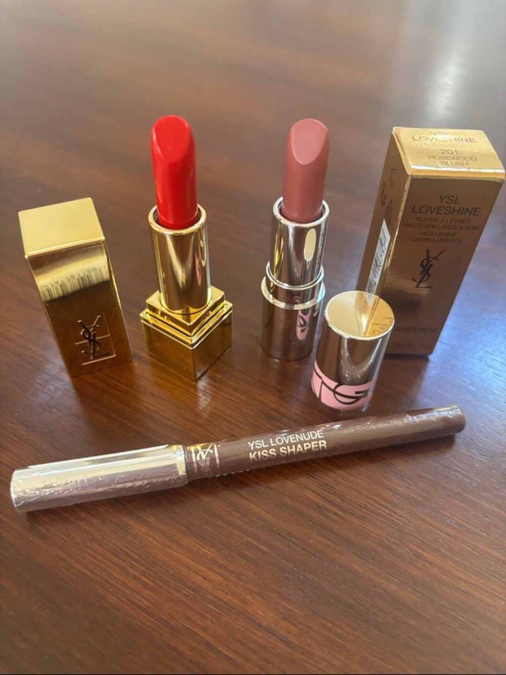 Yves Saint Laurent Lipstick Set — Bright Red & Beige Nude with Brown Lip liner